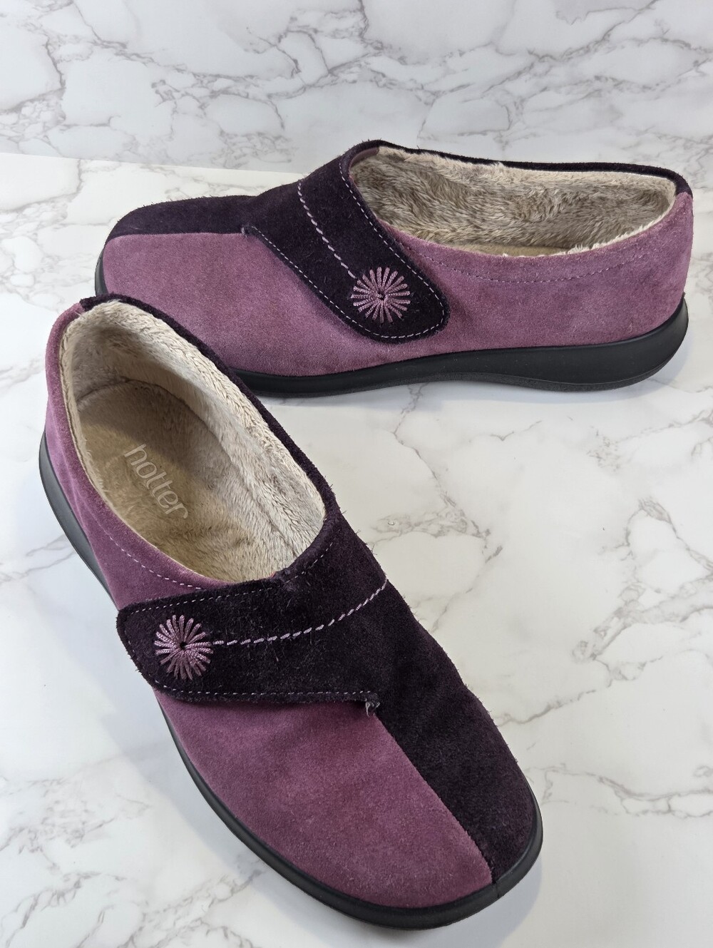 hotter Two-Tone Plum Suede Slip-Ons with Embroidered Accent(B25) - Picture 3 of 8